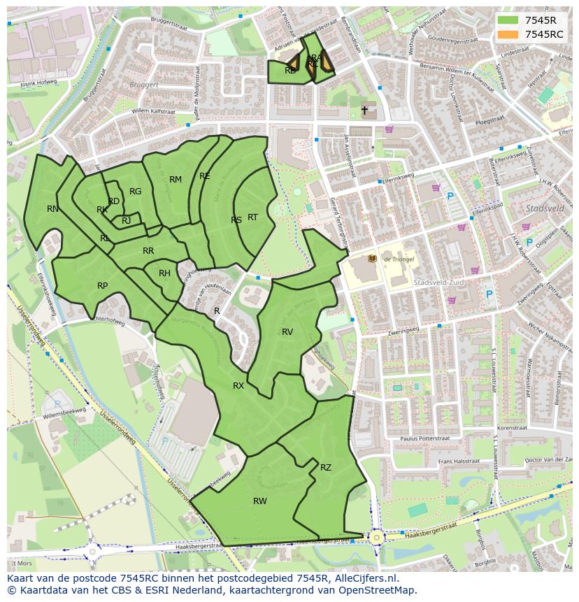 Afbeelding van het postcodegebied 7545 RC op de kaart.