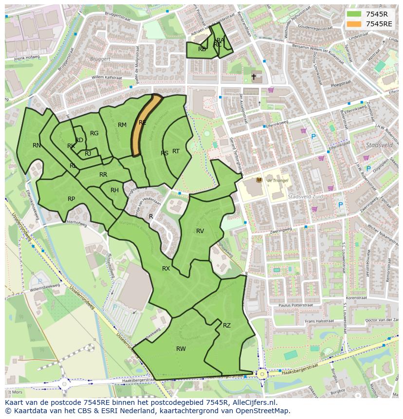 Afbeelding van het postcodegebied 7545 RE op de kaart.