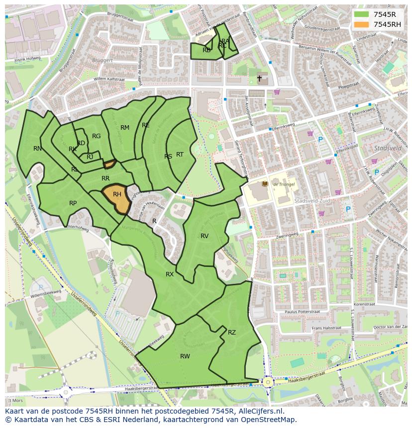 Afbeelding van het postcodegebied 7545 RH op de kaart.