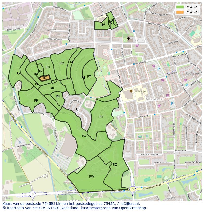 Afbeelding van het postcodegebied 7545 RJ op de kaart.