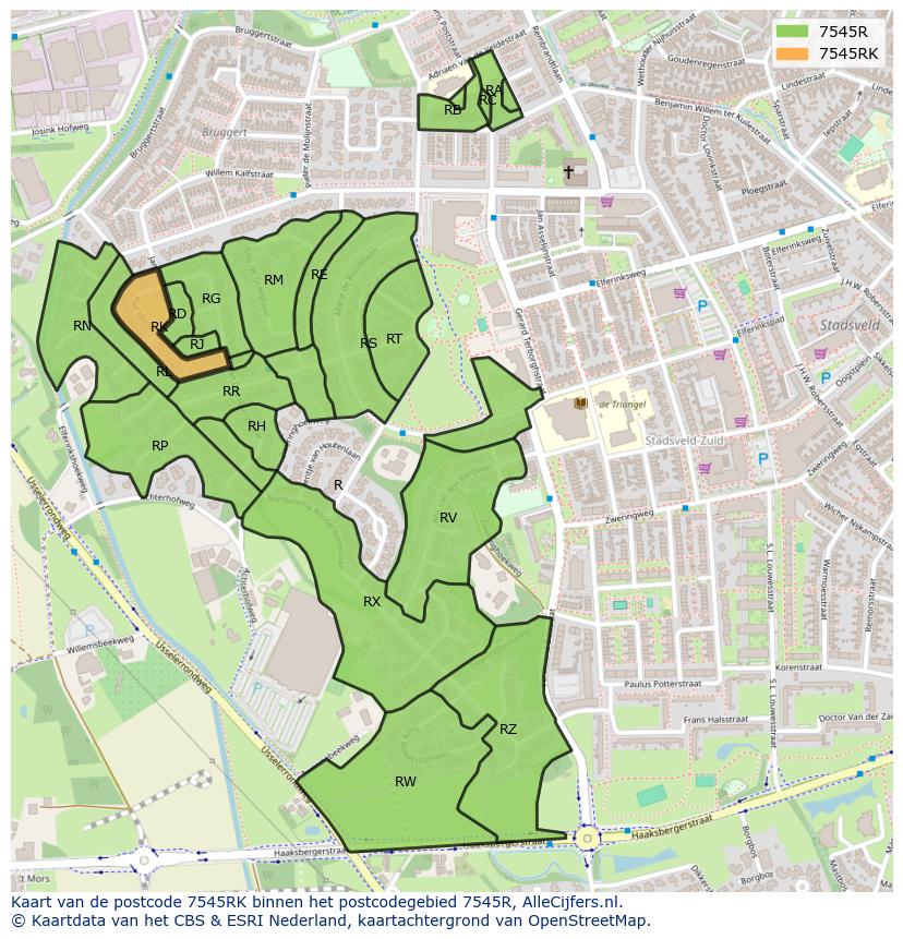Afbeelding van het postcodegebied 7545 RK op de kaart.