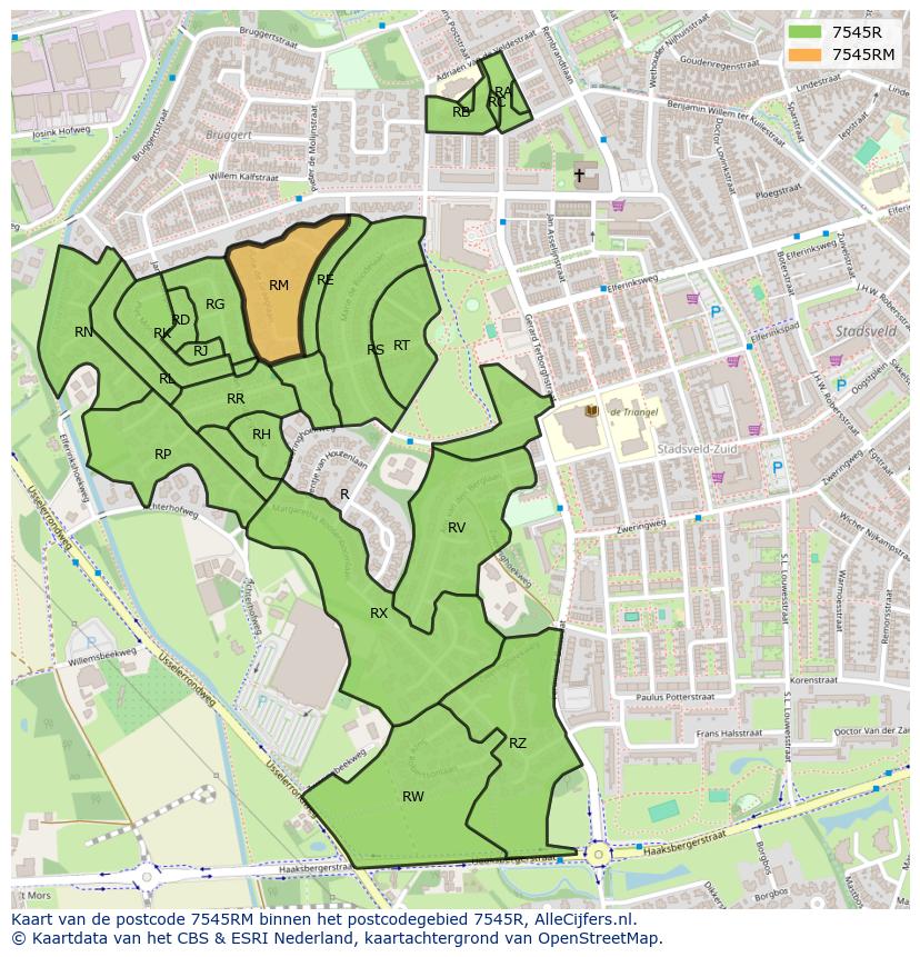 Afbeelding van het postcodegebied 7545 RM op de kaart.