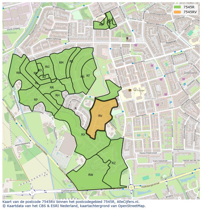 Afbeelding van het postcodegebied 7545 RV op de kaart.