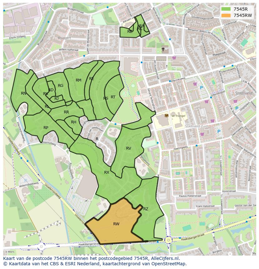 Afbeelding van het postcodegebied 7545 RW op de kaart.
