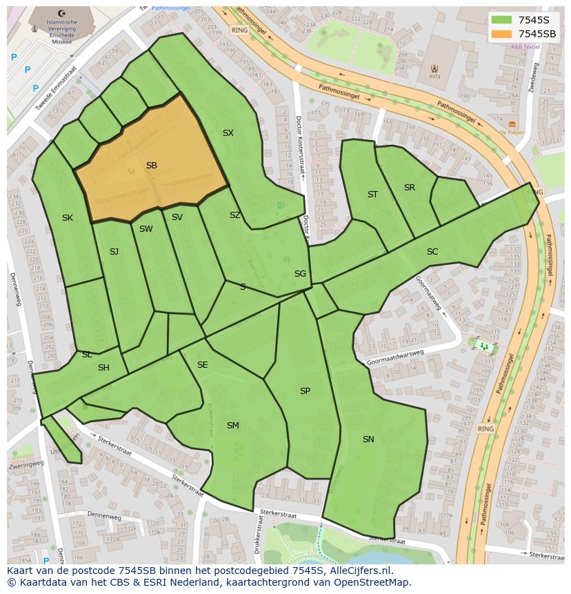 Afbeelding van het postcodegebied 7545 SB op de kaart.