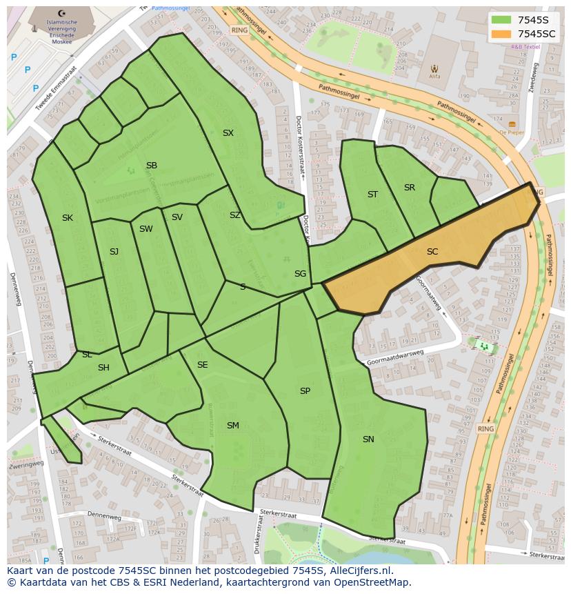 Afbeelding van het postcodegebied 7545 SC op de kaart.