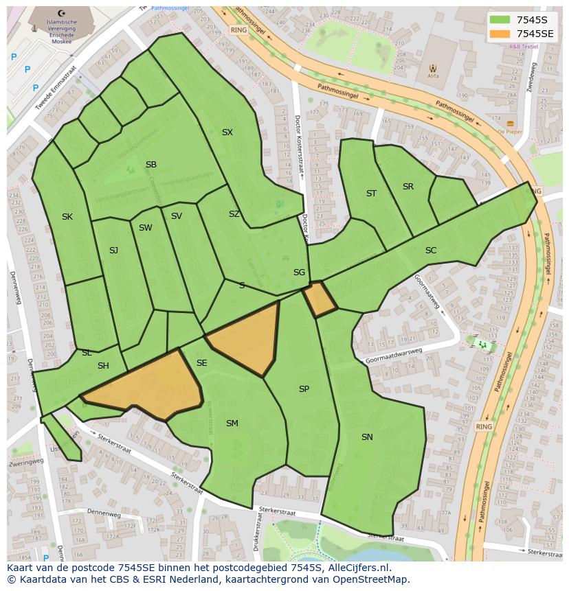 Afbeelding van het postcodegebied 7545 SE op de kaart.