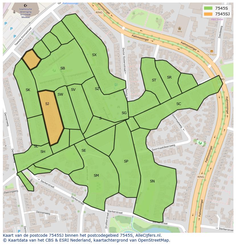 Afbeelding van het postcodegebied 7545 SJ op de kaart.