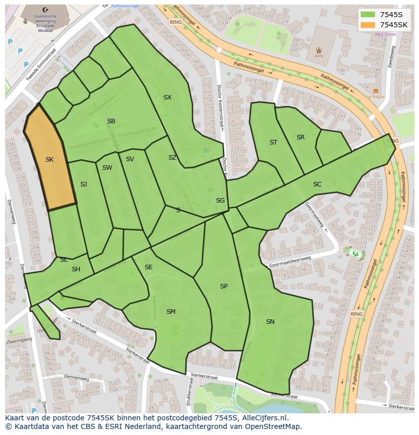 Afbeelding van het postcodegebied 7545 SK op de kaart.