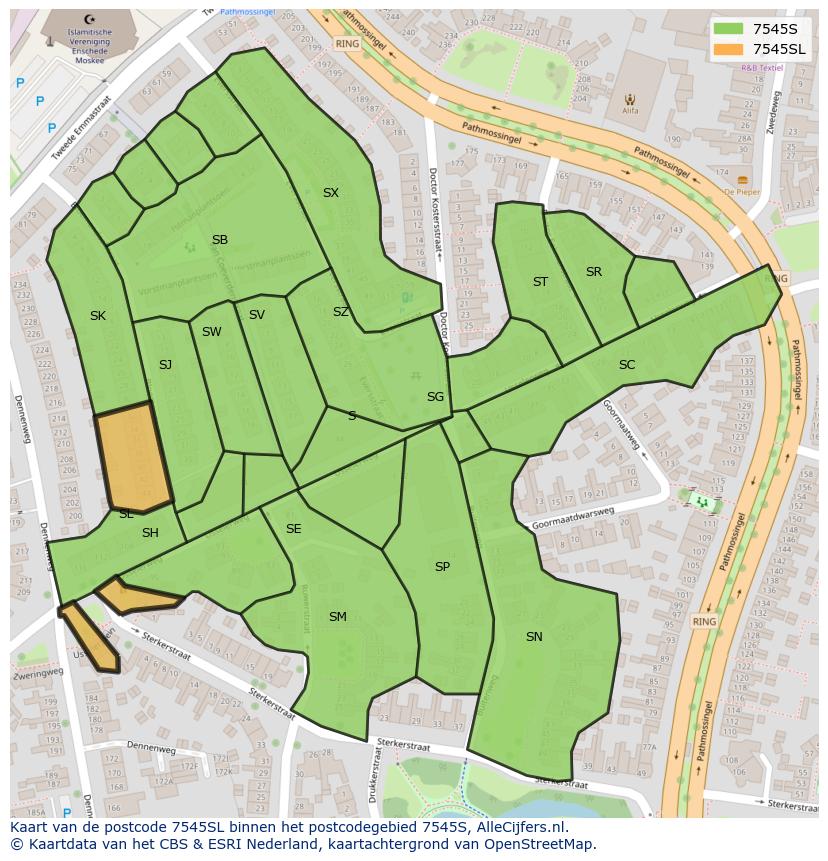 Afbeelding van het postcodegebied 7545 SL op de kaart.