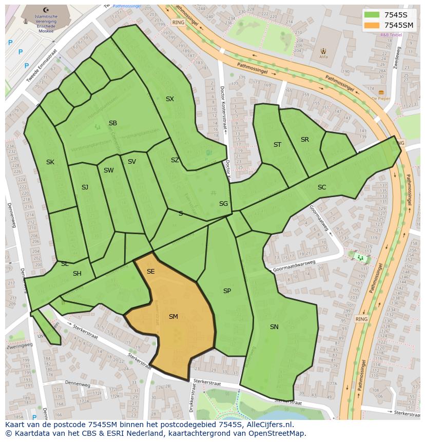 Afbeelding van het postcodegebied 7545 SM op de kaart.