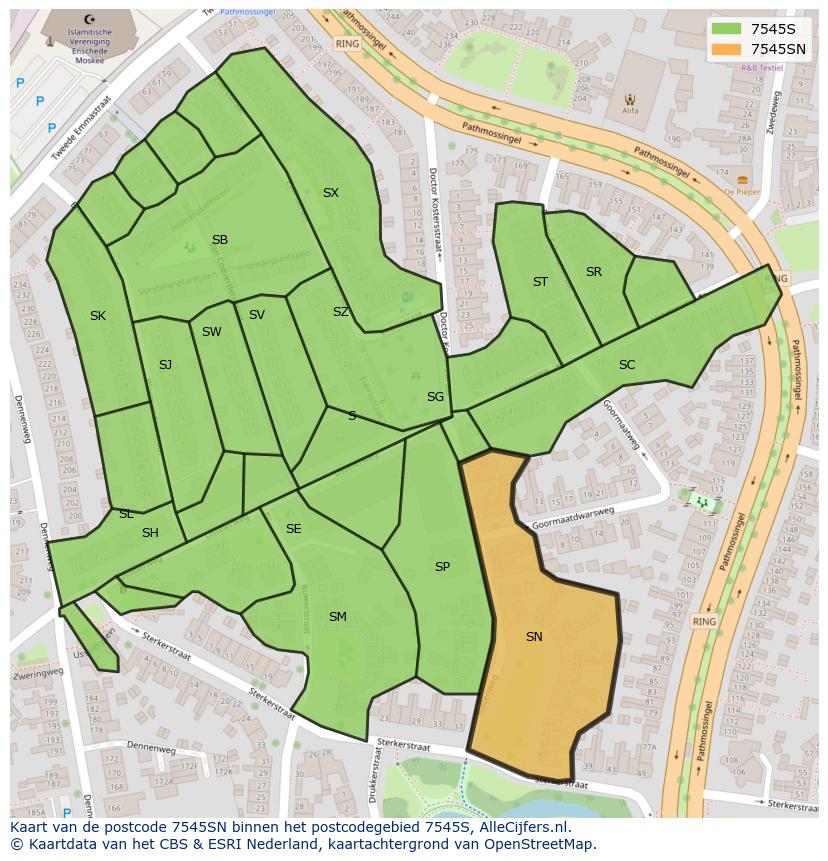 Afbeelding van het postcodegebied 7545 SN op de kaart.