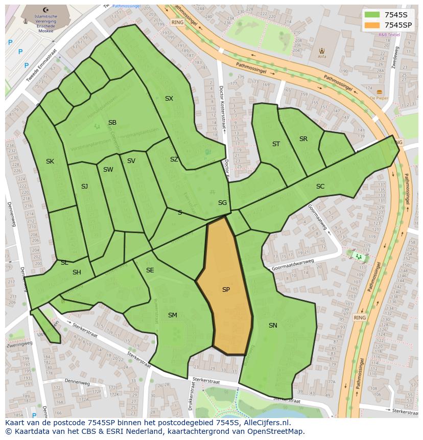 Afbeelding van het postcodegebied 7545 SP op de kaart.