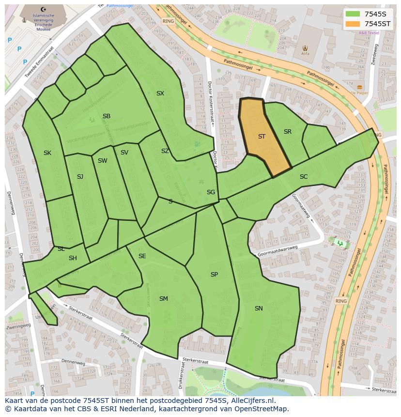 Afbeelding van het postcodegebied 7545 ST op de kaart.