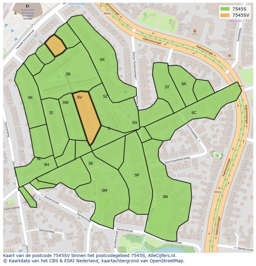 Afbeelding van het postcodegebied 7545 SV op de kaart.
