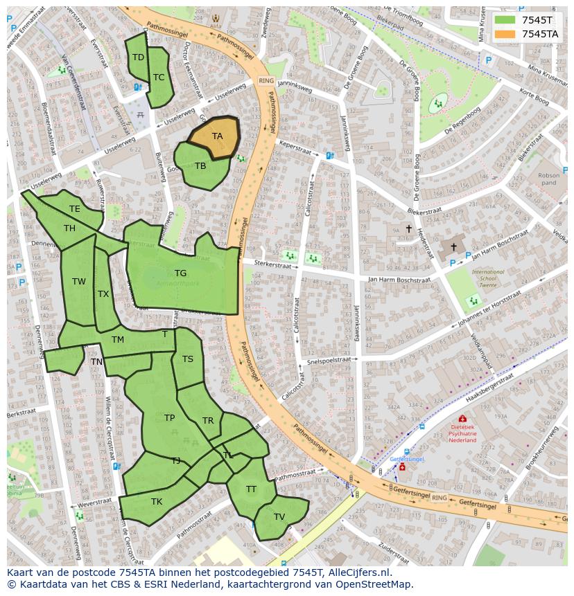 Afbeelding van het postcodegebied 7545 TA op de kaart.