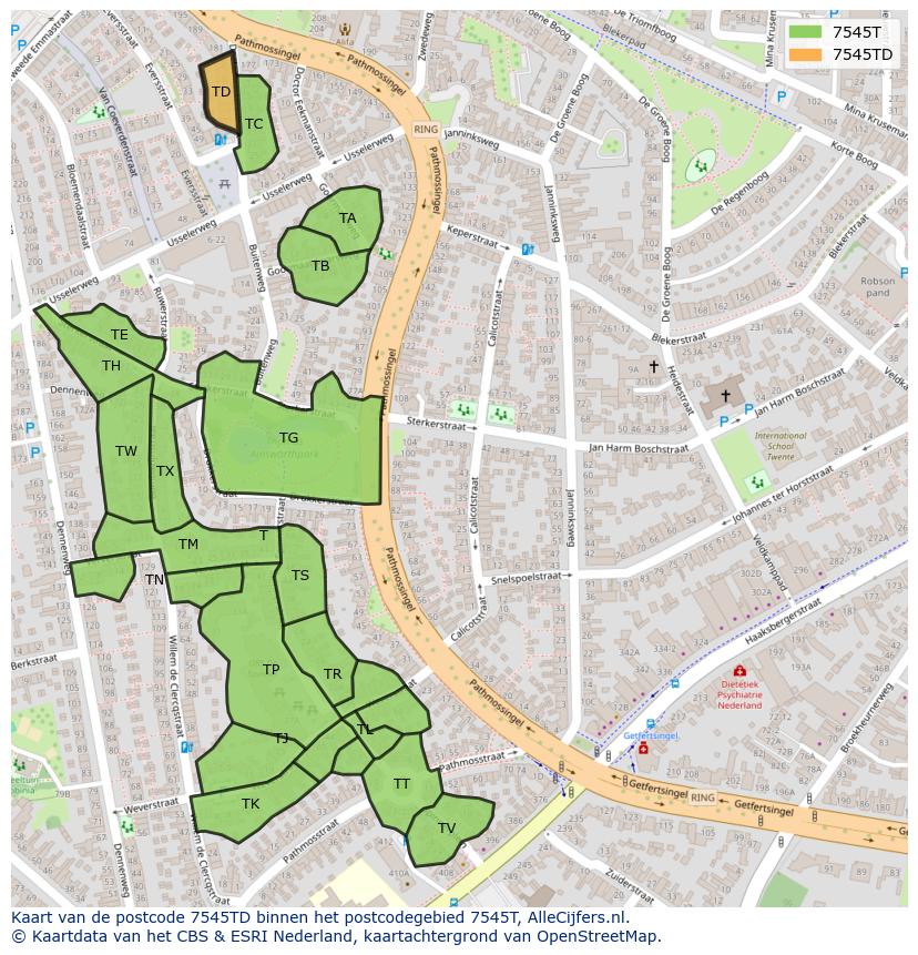 Afbeelding van het postcodegebied 7545 TD op de kaart.