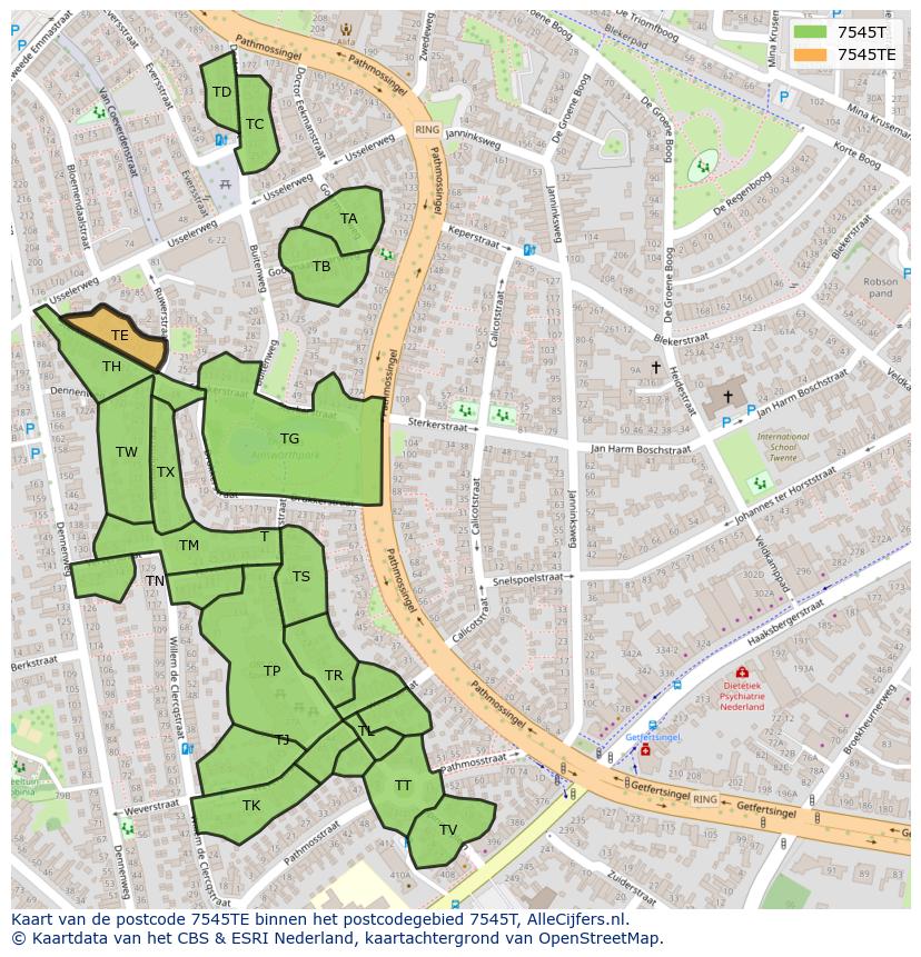Afbeelding van het postcodegebied 7545 TE op de kaart.