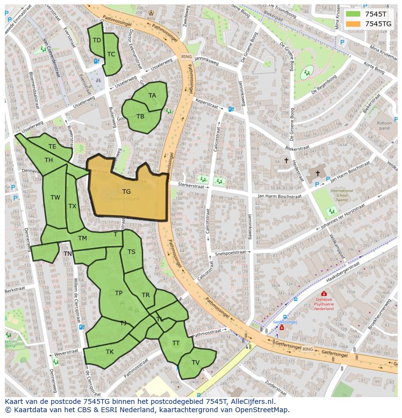 Afbeelding van het postcodegebied 7545 TG op de kaart.
