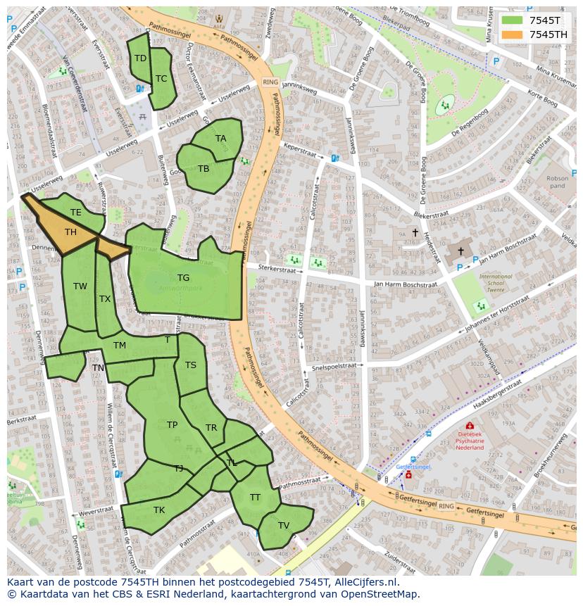 Afbeelding van het postcodegebied 7545 TH op de kaart.