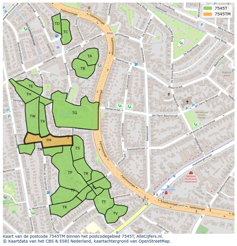 Afbeelding van het postcodegebied 7545 TM op de kaart.