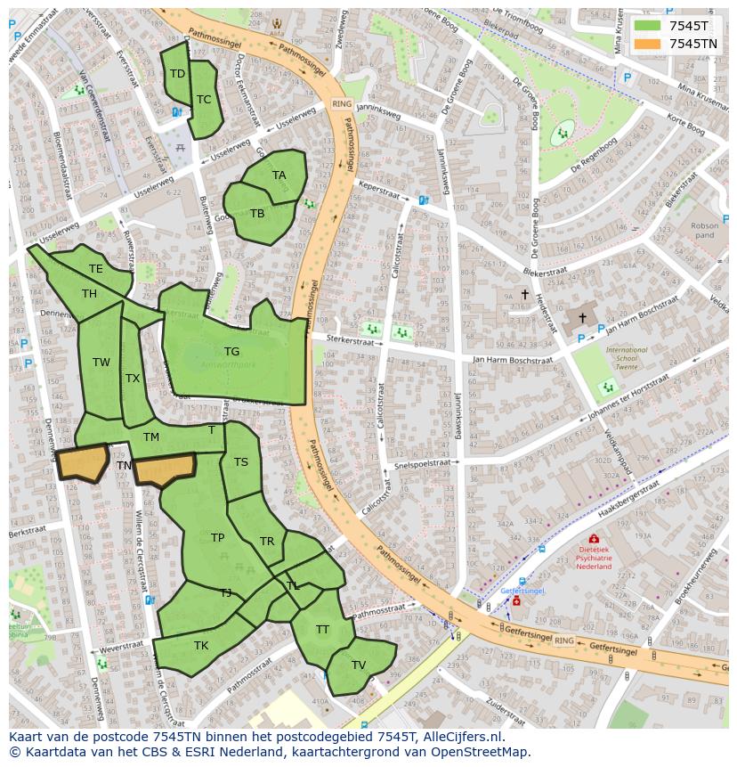 Afbeelding van het postcodegebied 7545 TN op de kaart.
