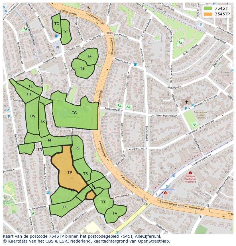 Afbeelding van het postcodegebied 7545 TP op de kaart.