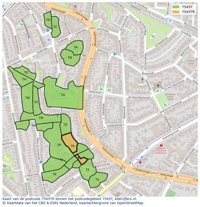 Afbeelding van het postcodegebied 7545 TR op de kaart.