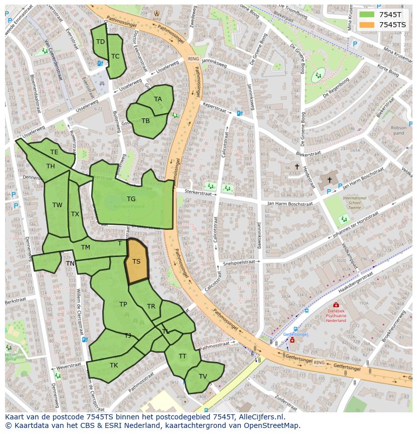 Afbeelding van het postcodegebied 7545 TS op de kaart.
