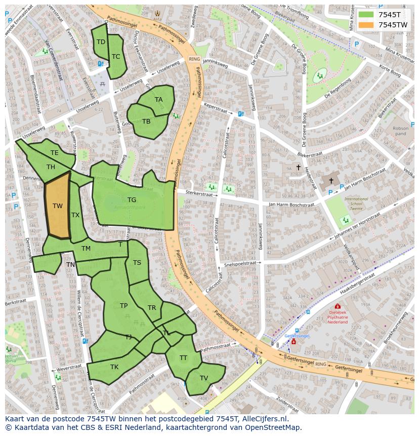 Afbeelding van het postcodegebied 7545 TW op de kaart.