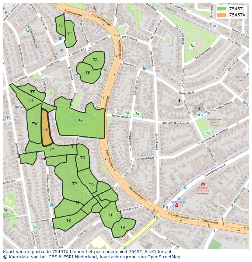 Afbeelding van het postcodegebied 7545 TX op de kaart.