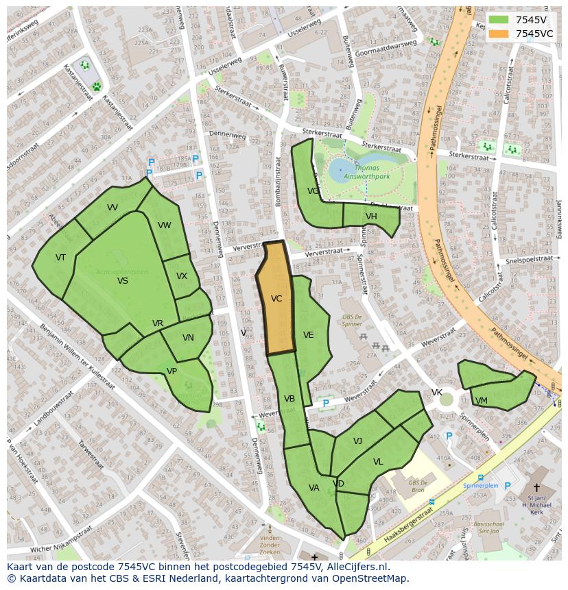 Afbeelding van het postcodegebied 7545 VC op de kaart.