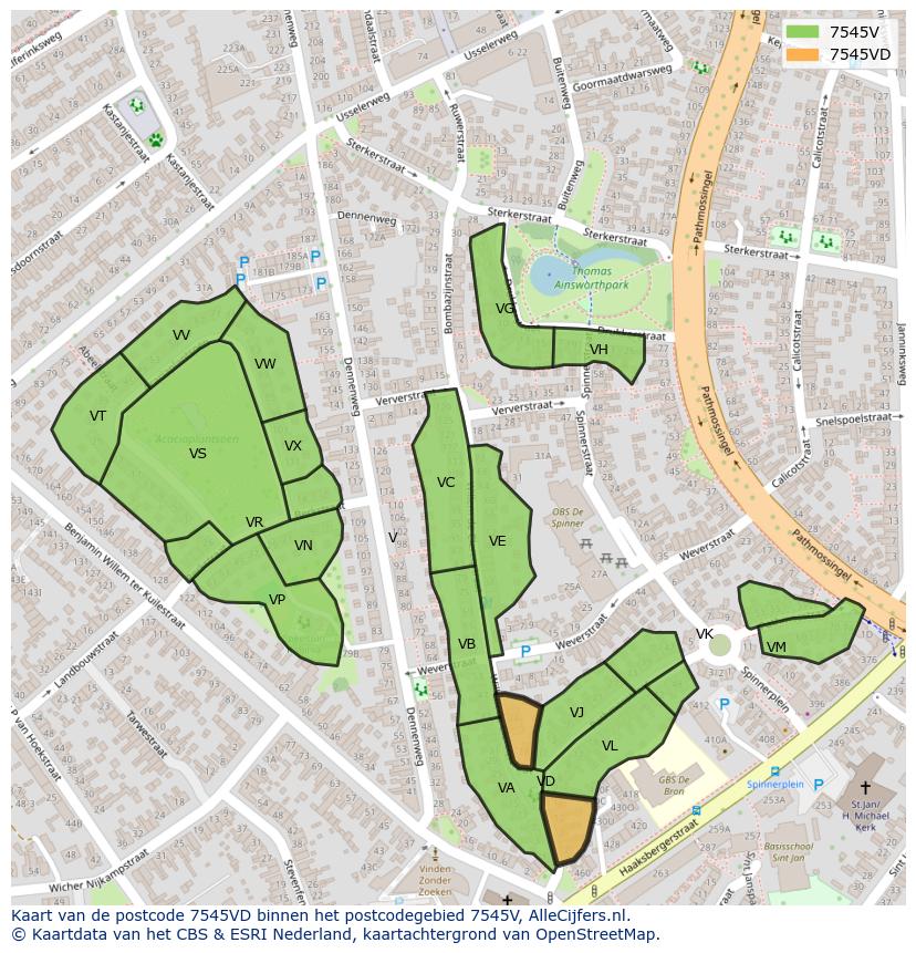 Afbeelding van het postcodegebied 7545 VD op de kaart.