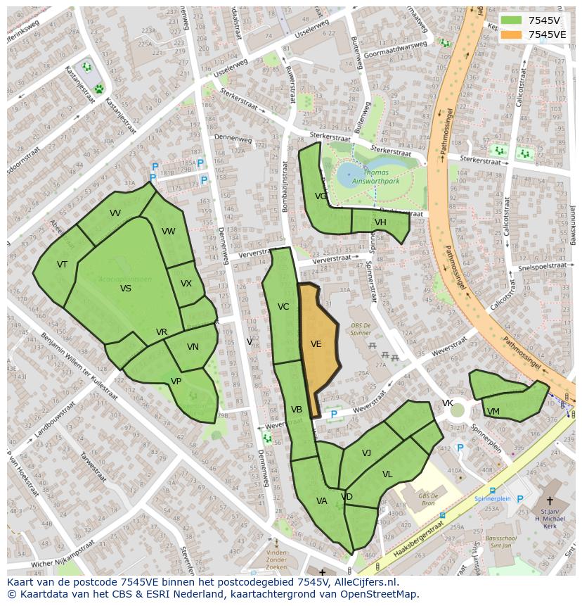 Afbeelding van het postcodegebied 7545 VE op de kaart.