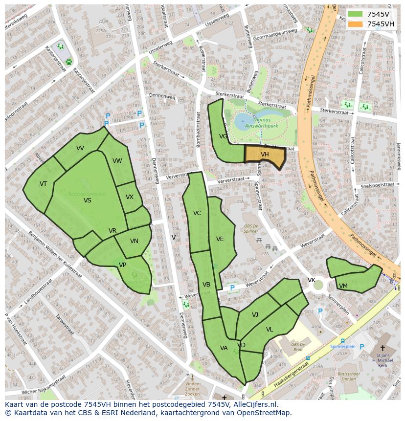 Afbeelding van het postcodegebied 7545 VH op de kaart.