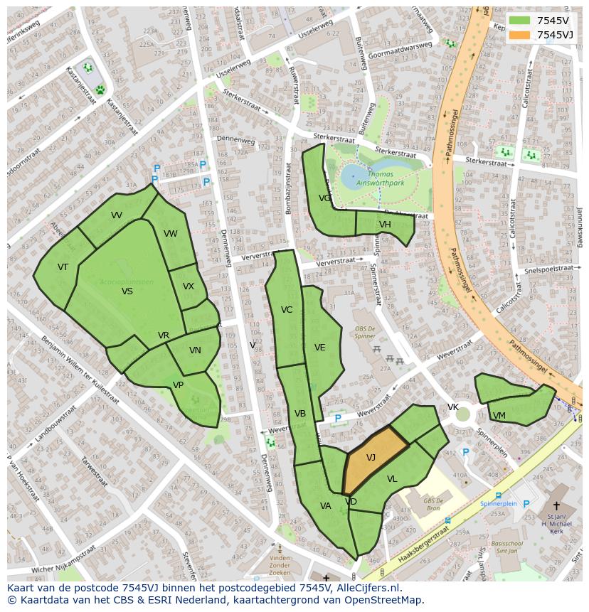 Afbeelding van het postcodegebied 7545 VJ op de kaart.