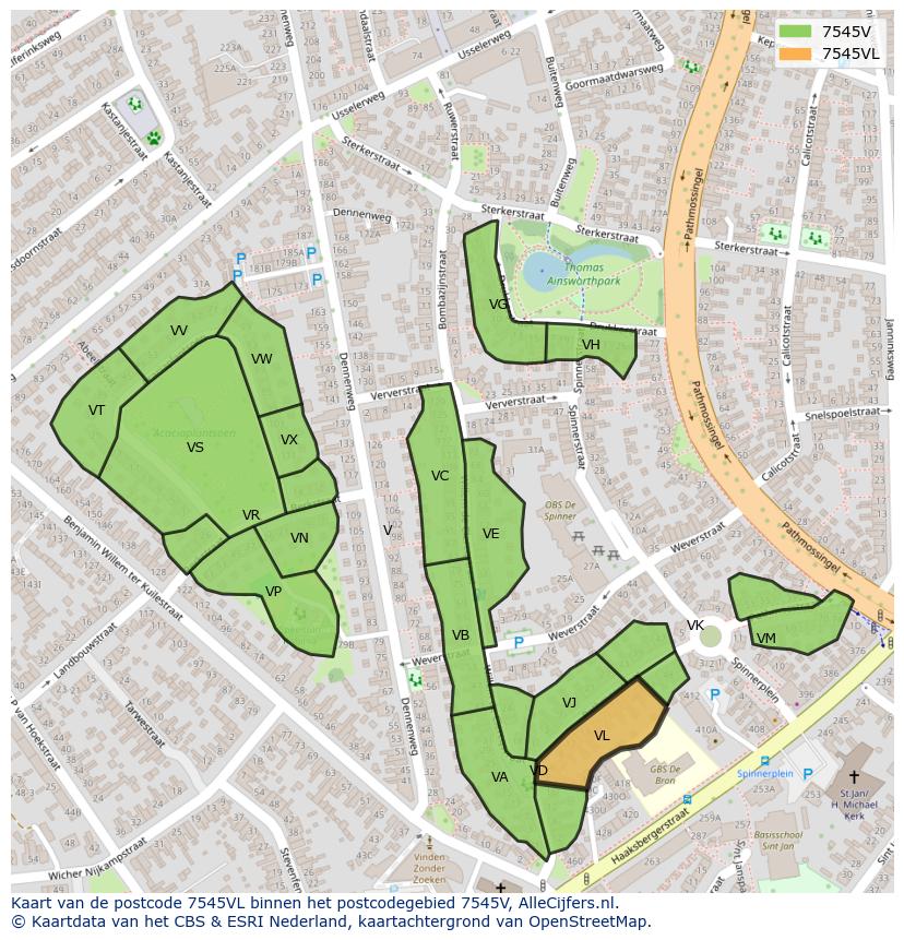 Afbeelding van het postcodegebied 7545 VL op de kaart.