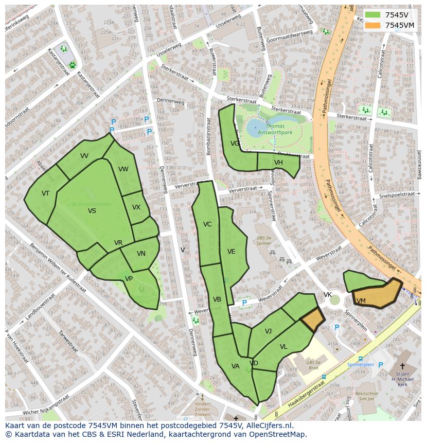Afbeelding van het postcodegebied 7545 VM op de kaart.
