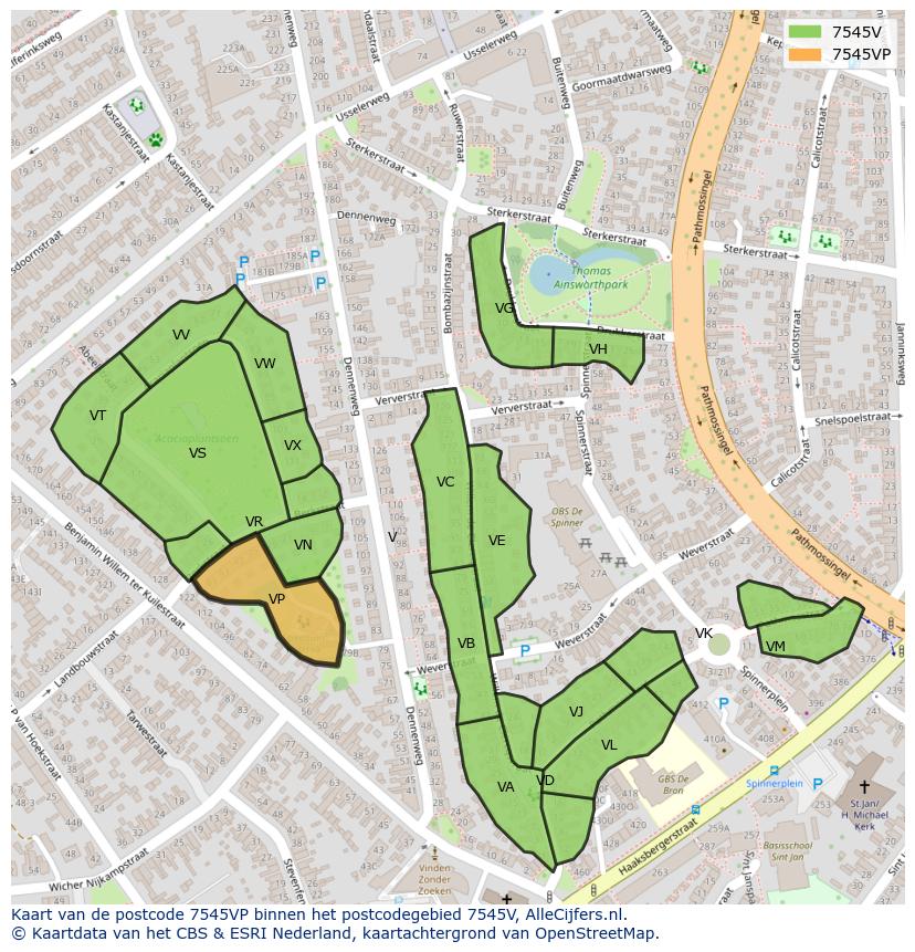 Afbeelding van het postcodegebied 7545 VP op de kaart.
