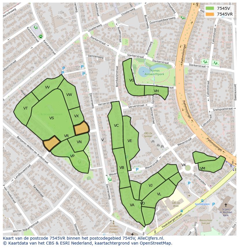 Afbeelding van het postcodegebied 7545 VR op de kaart.