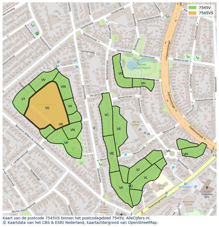 Afbeelding van het postcodegebied 7545 VS op de kaart.