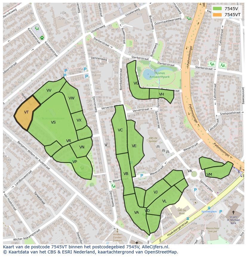 Afbeelding van het postcodegebied 7545 VT op de kaart.