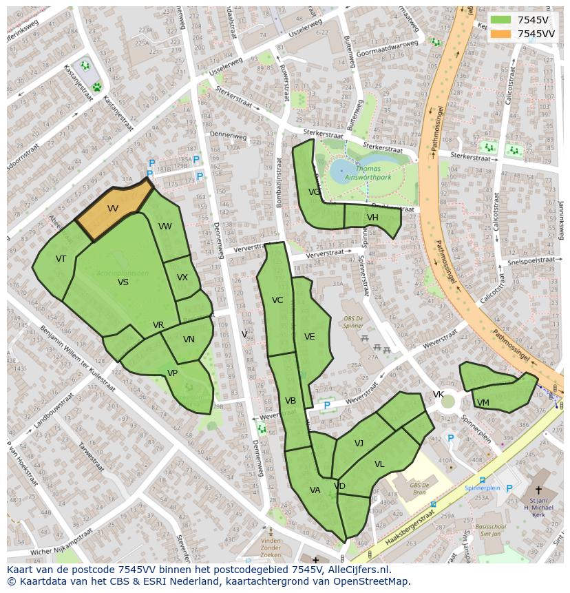 Afbeelding van het postcodegebied 7545 VV op de kaart.