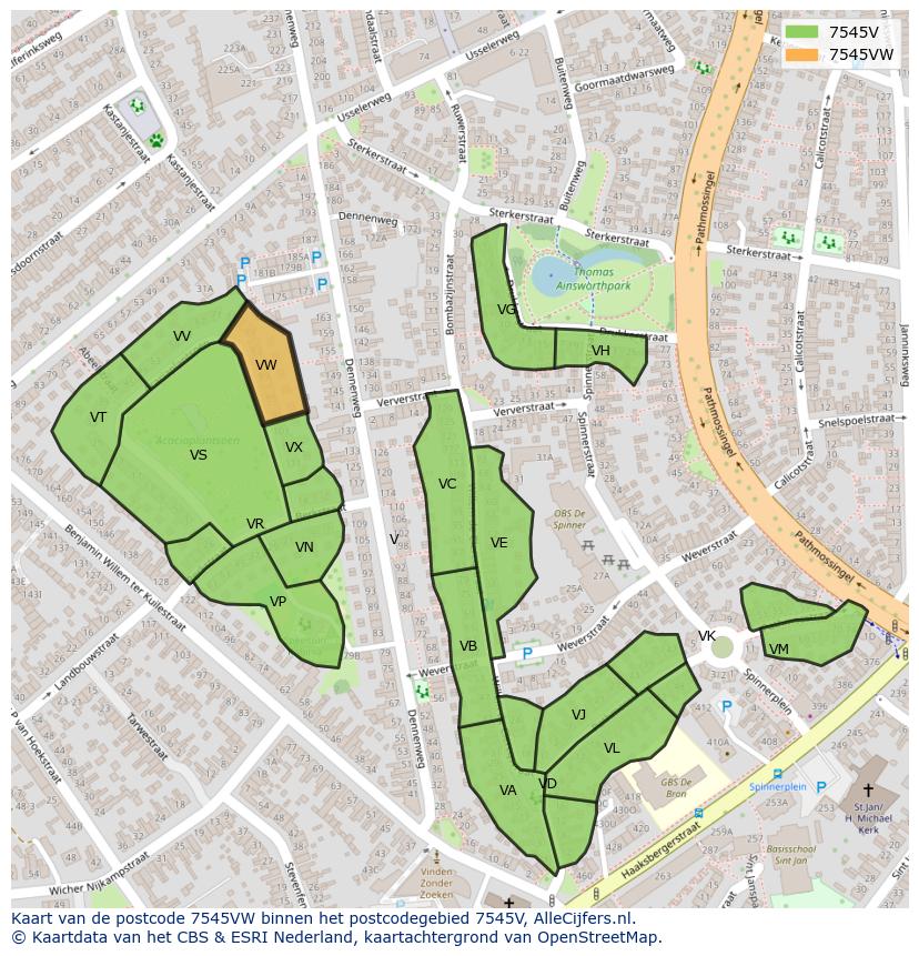 Afbeelding van het postcodegebied 7545 VW op de kaart.