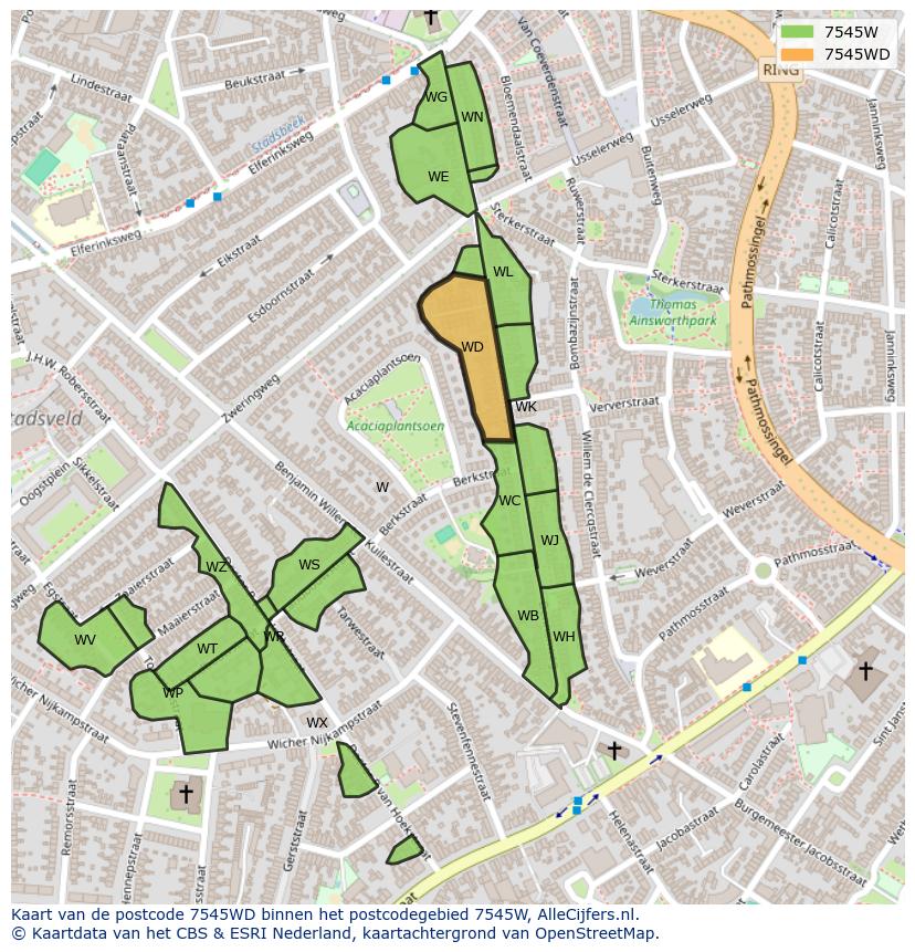 Afbeelding van het postcodegebied 7545 WD op de kaart.