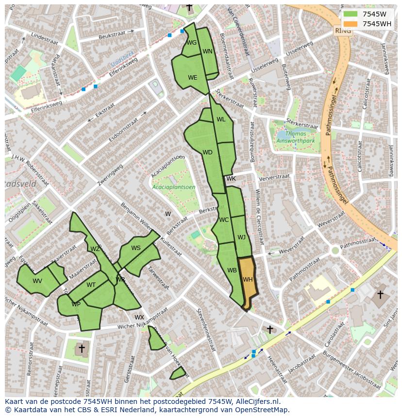 Afbeelding van het postcodegebied 7545 WH op de kaart.