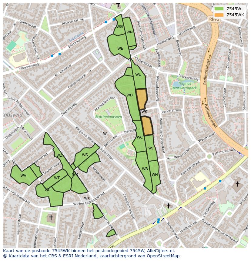 Afbeelding van het postcodegebied 7545 WK op de kaart.