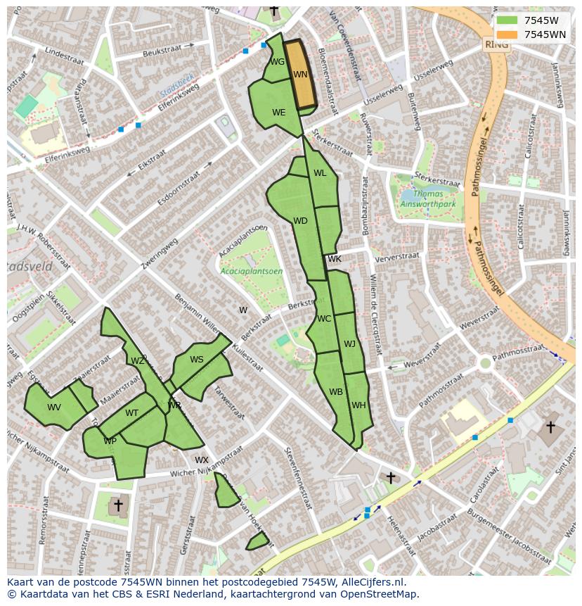 Afbeelding van het postcodegebied 7545 WN op de kaart.