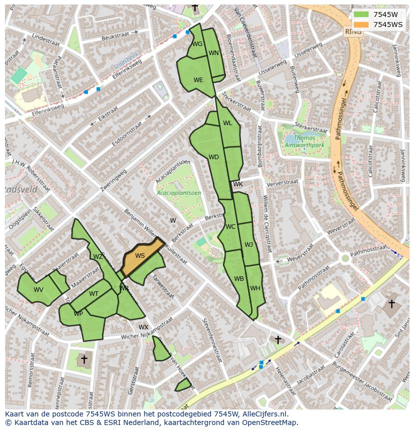 Afbeelding van het postcodegebied 7545 WS op de kaart.