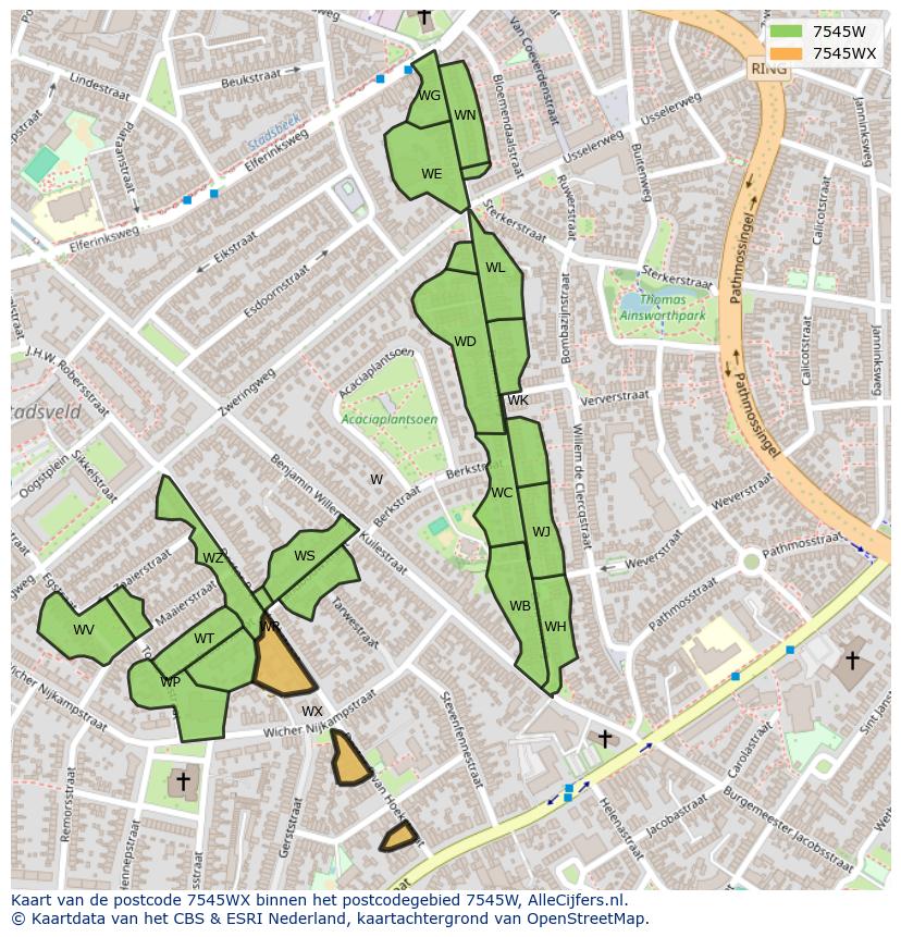 Afbeelding van het postcodegebied 7545 WX op de kaart.
